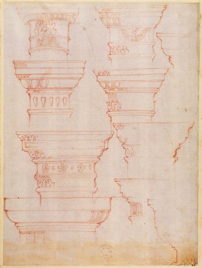 Studio di capitelli di colonne (matita colorata) da Michelangelo Buonarroti